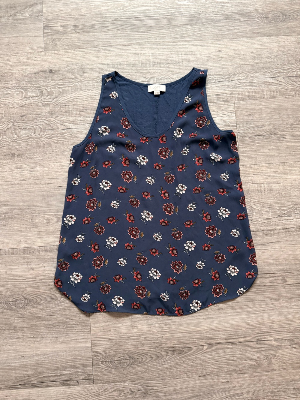 LOFT Navy Floral Scoop Neck Tank with Red & White Blooms
